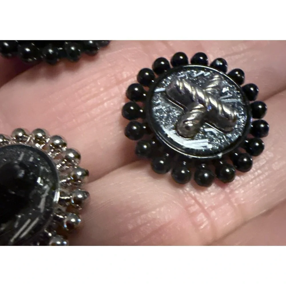 Vintage Incredible Rare GlassPainted Shank Buttons-Heart,Bow&Cross-Black/Silver